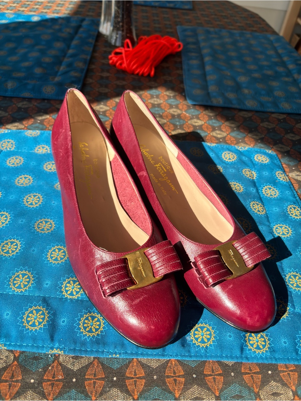 Salvatore Ferragamo Burgundy Leather Pointed-Toe Pumps